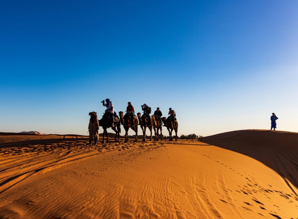 Camel safari in Rajasthan during sunset over the Thar Desert