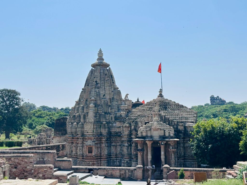 Ranthambore Ganesh Temple exterior view with historic stone architecture and red flag
